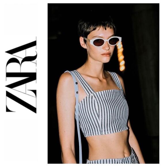 Zara Tops - NWT Zara Blue & White Printed Striped Denim Crop Top, Size Small